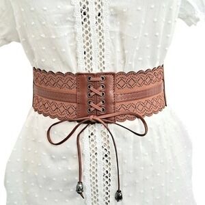 Western Brown Faux Leather suede wide belt Scalloped cottagecore lace up Corset